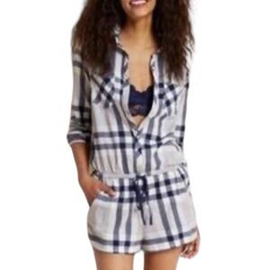 ✨$8 CLEAR-OUT✨ Aerie Comfy PJ Button Down Plaid Flannel Pajama Romper Blue Grey